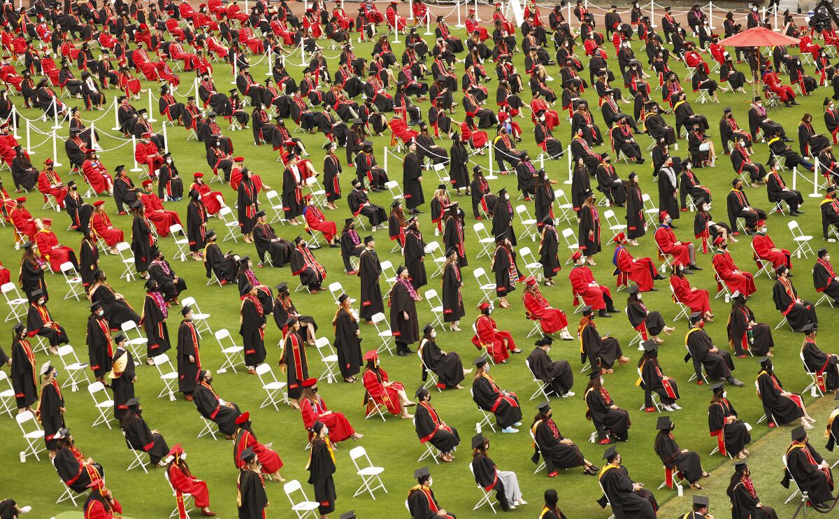 New USC graduates participate in a commencement ceremony in Los Angeles on May 14, 2021.