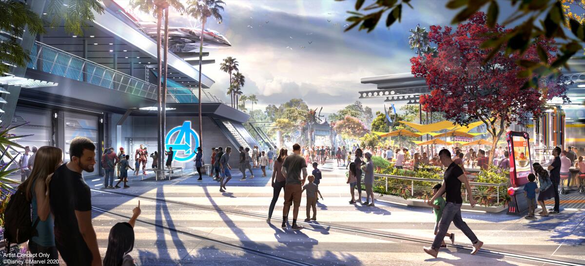 An artist rendering shows people walking among attractions with the Avengers logo on one building