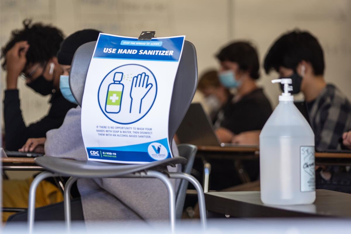  Classrooms at Vista High School can be seen with an assortment of sanitizers and cleaning products 