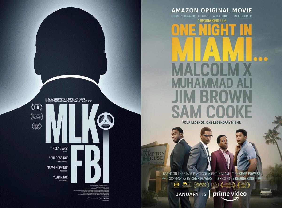 Esta combinación de fotos muestra el afiche del documental "MLK/FBI", izquierda, que se estrena en cines selectos 