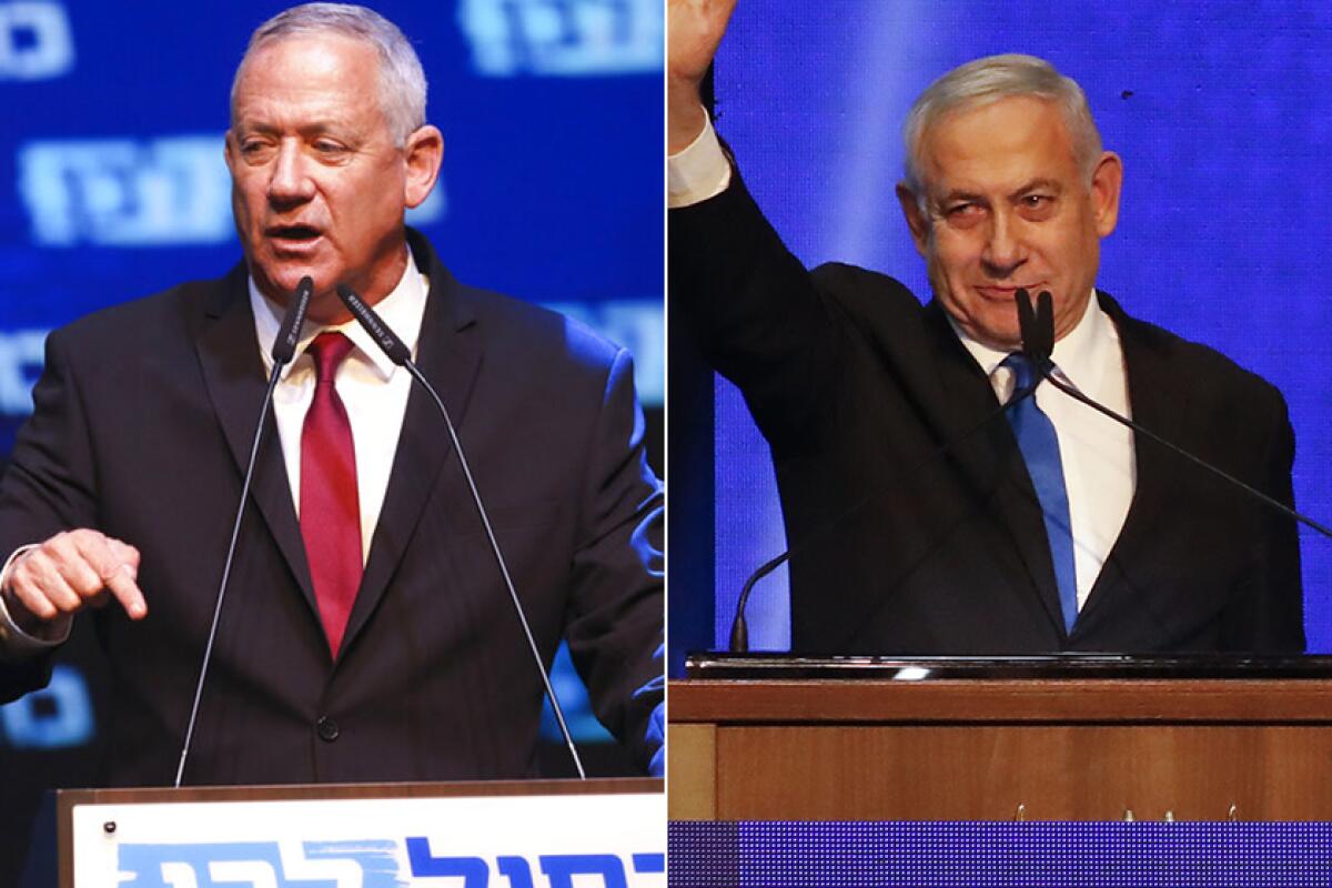 Benny Gantz, left, and Benjamin Netanyahu address supporters Sept. 18 during rallies in Tel Aviv.