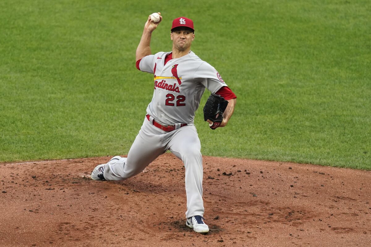 St. Louis Cardinals starting pitcher Jack Flaherty throws during the first inning of a baseball game against the Kansas City Royals Friday, Aug. 13, 2021, in Kansas City, Mo. (AP Photo/Charlie Riedel)
