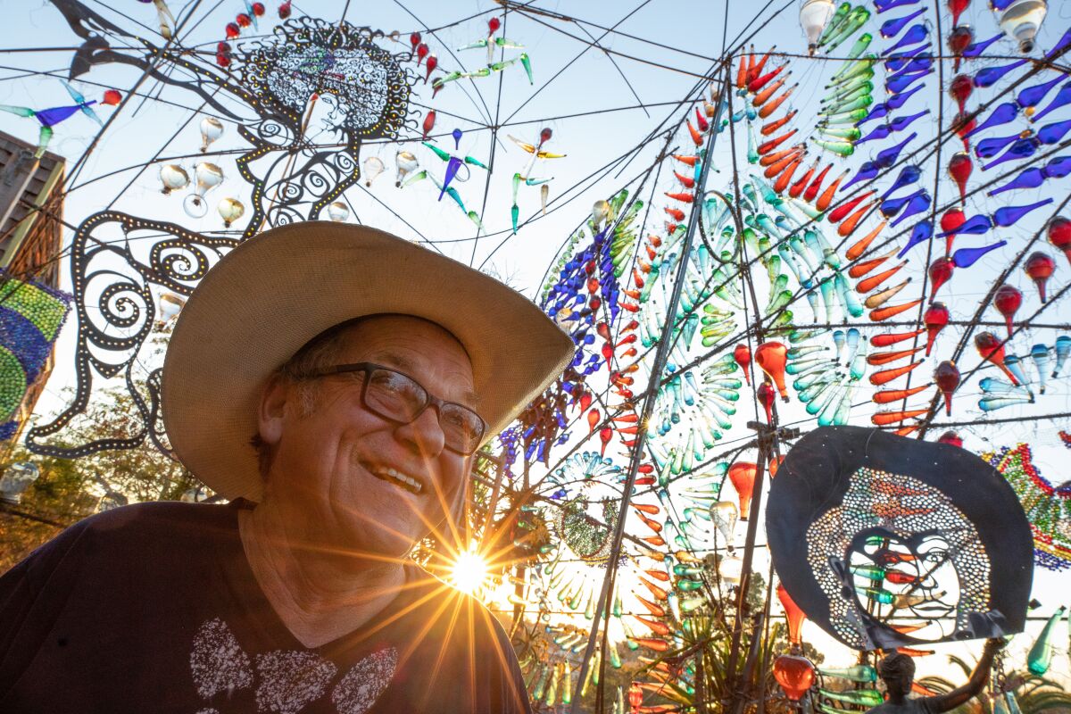 Randy King Lawrence'ın sanat enstalasyonunun önünde, omzunun üzerinden güneş parlarken portresi