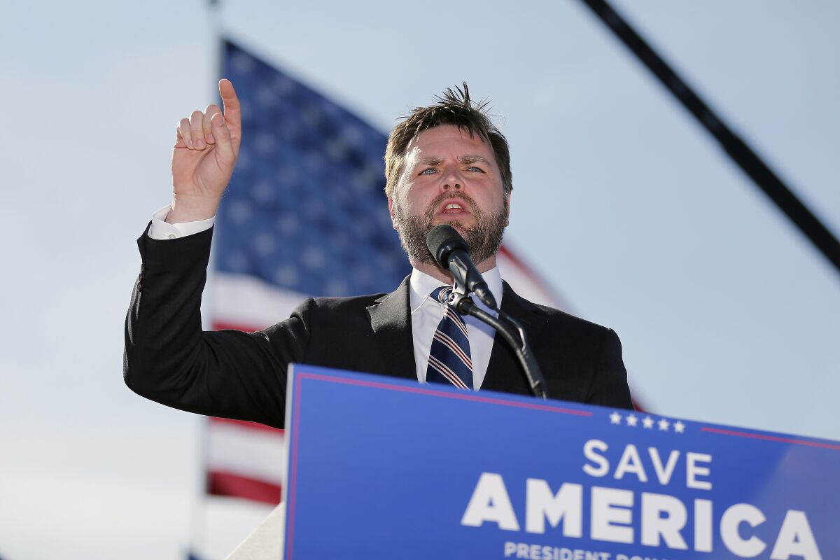 FILE - Republican Senate candidate JD Vance speaks at a rally at the Delaware County Fairgrounds, April 23, 2022, in Delaware, Ohio. Former President Donald Trump's late-stage endorsement of JD Vance in Ohio's GOP Senate primary catapulted the “Hillbilly Elegy” author to victory in last week's election, reinforcing the deep loyalty the former president holds among the most loyal Republican voters. (AP Photo/Joe Maiorana, File)