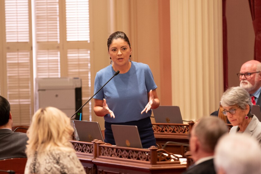 A woman speaks into a microphone to other lawmakers