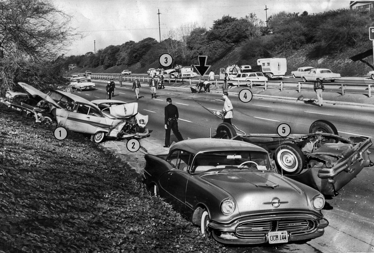 Jan. 13, 1962: Two different traffic collisions on the Santa Ana Freeway, between Esperanza and Lorena streets in East Los Angeles, occurred 40 minutes apart.