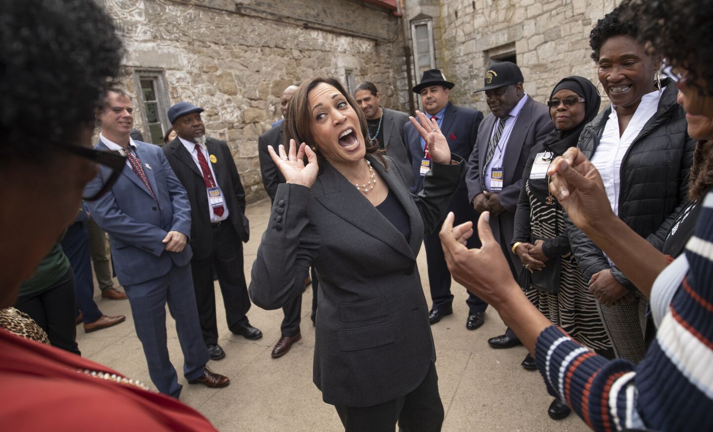 Oct. 28, 2019: Sen. Kamala Harris talks with formerly incarcerated advocates during Justice Votes 2020 in Philadelphia.