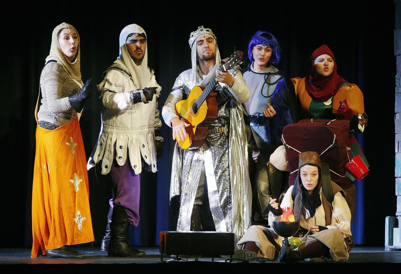 King Arthur's Court performs during a dress rehearsal for the musical "Spamalot" in the Wolfson Auditorium at Burbank High School on Tuesday, October 2, 2018. Opening night is October 4, and will run through October 6.