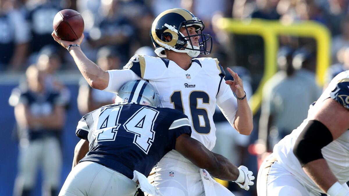 Rams quarterback Jared Goff is hit by Cowboys linebacker Derek Akunne while attempting a pass during the teams' preseason opener Saturday.