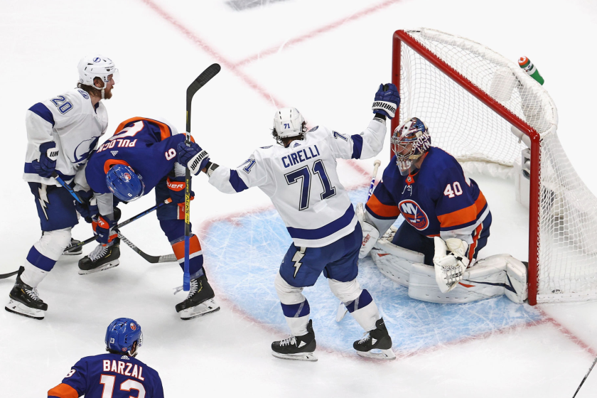 Tampa Bay's Anthony Cirelli #71 of the Tampa Bay Lightning celebrates his series winning goal against Semyon Varlamov.