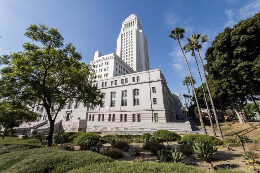 LOS ANGELES, CA - AUGUST 06: Los Angeles City Hall file photo. Photographed in downtown in Los Angeles, CA on Tuesday, Aug. 6, 2024. (Myung J. Chun / Los Angeles Times)