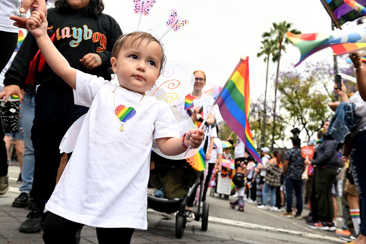 A young child waves a pride flag along Hollywood Boulevard.