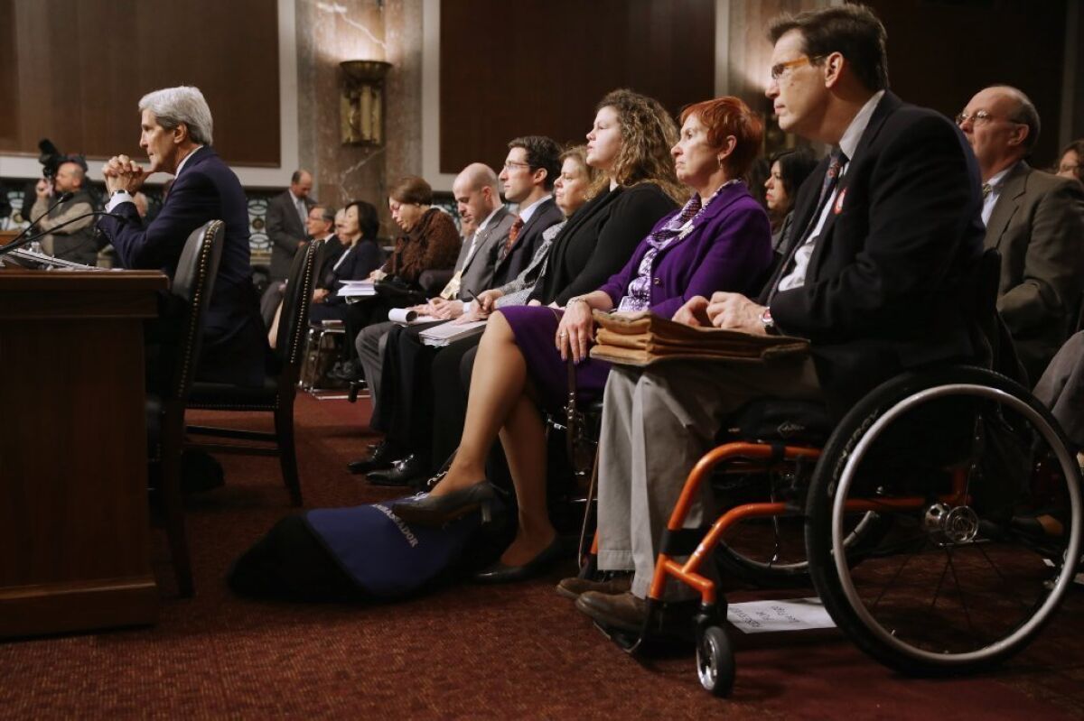 Secretary of State John F. Kerry testifies last month before the Senate Foreign Relations Committee about the Convention on the Rights of Persons with Disabilities. Kerry encouraged the committee to vote for adoption of the treaty, which he says will bring standards enjoyed by handicapped and disabled people in the United States to the international community.
