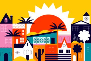 A sun rises over a colorful Los Angeles neighborhood.