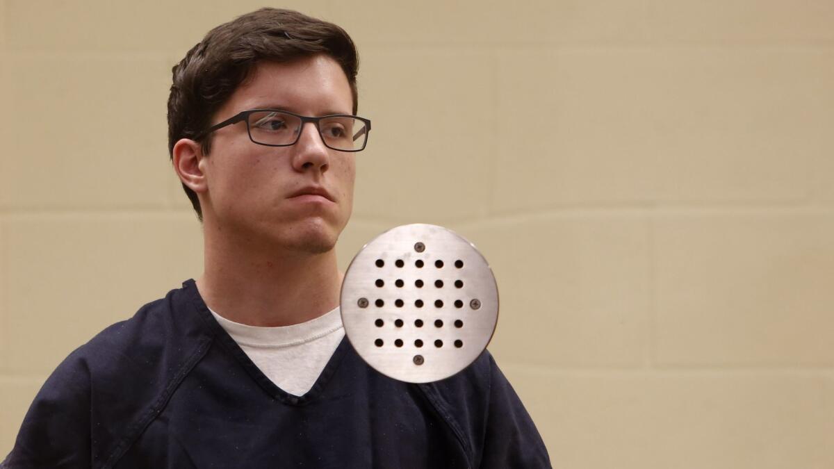 John T. Earnest appears for his arraignment hearing in San Diego on April 30. The 19-year-old suspect in the fatal shooting at a Poway synagogue pleaded not guilty Tuesday to federal hate crime charges.