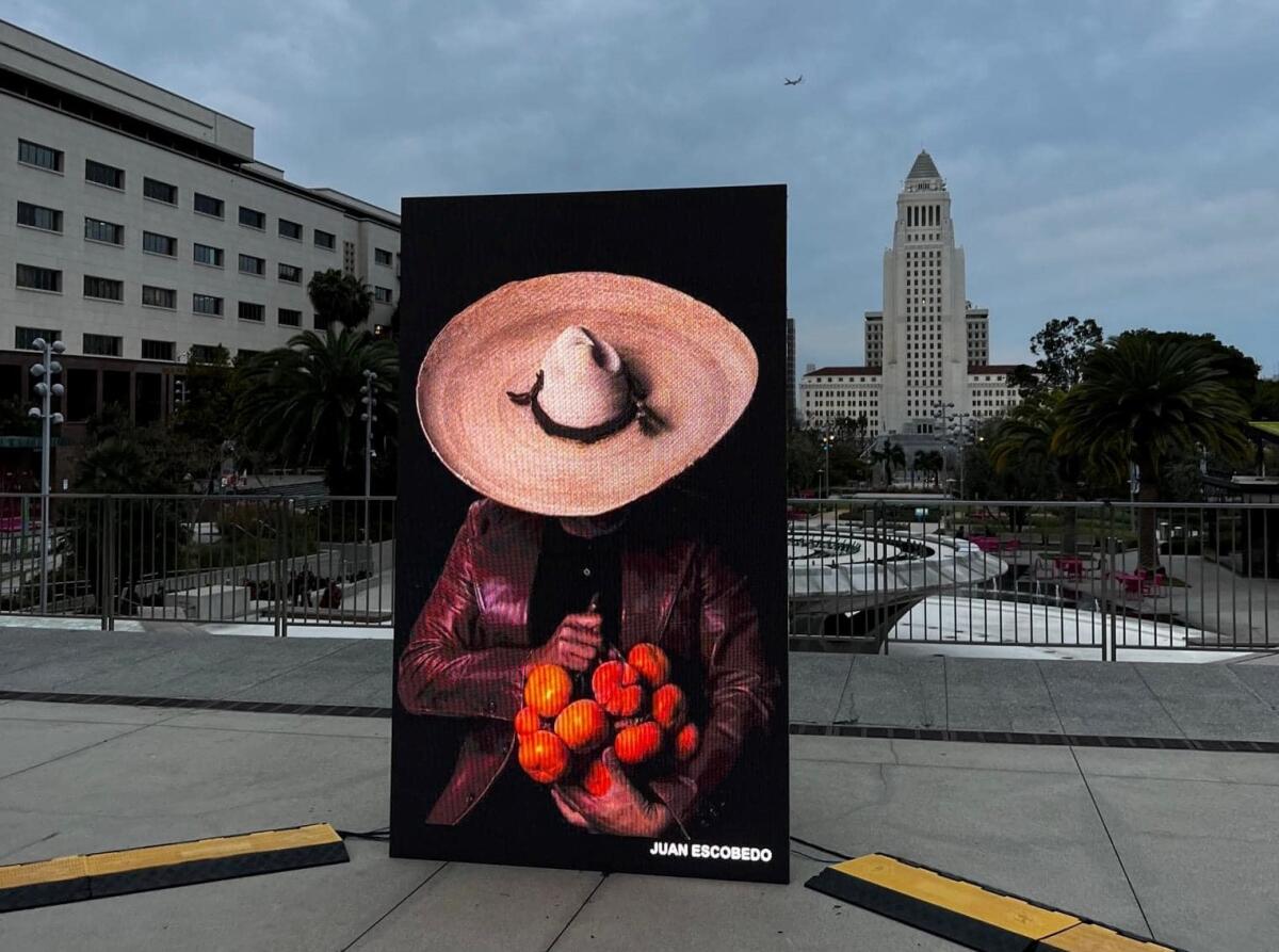 A photograph of a man in a sombrero is displayed near City Hall.