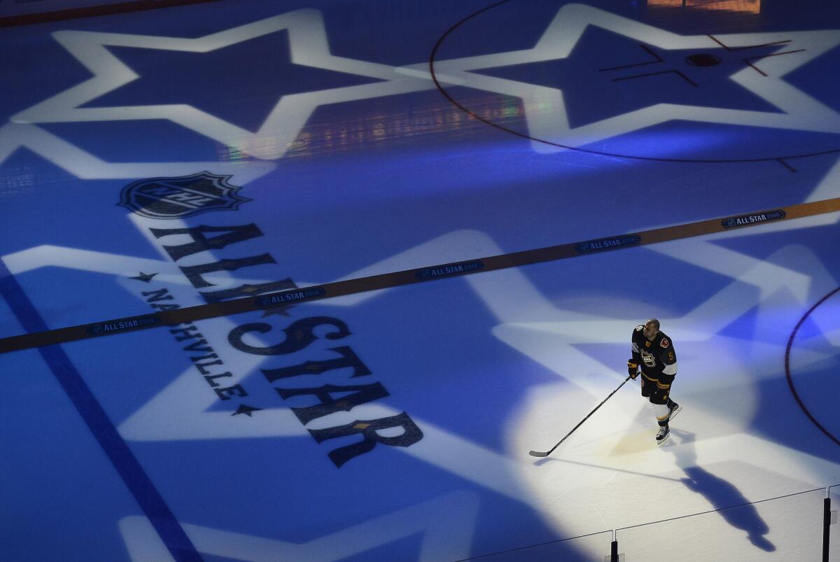 Eastern Conference player Mark Giordano (5), of the Calgary Flames, is introduced before the NHL All-Star game in Nashville, Tenn.
