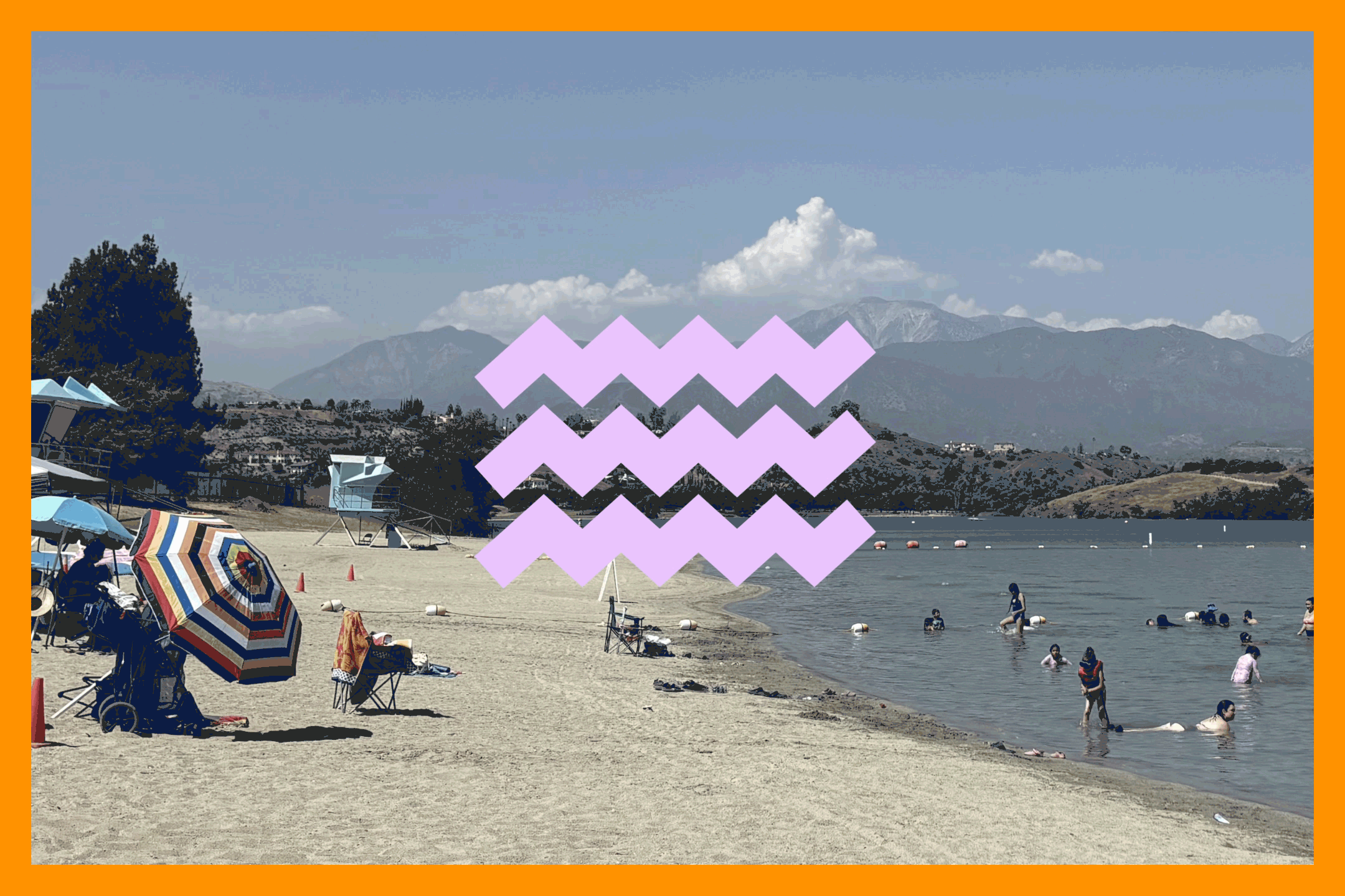 An animated zigzag pattern is overlaid on a photo of a beach.