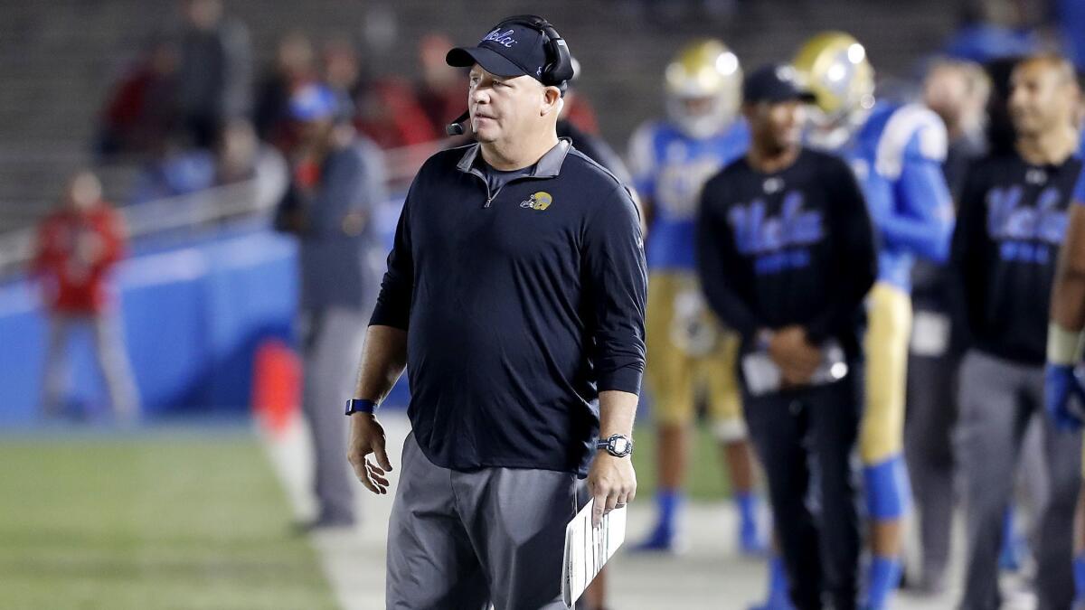 UCLA coach Chip Kelly watches his Bruins during the closing moments of a loss to Utah on Oct. 26, 2018, at the Rose Bowl.