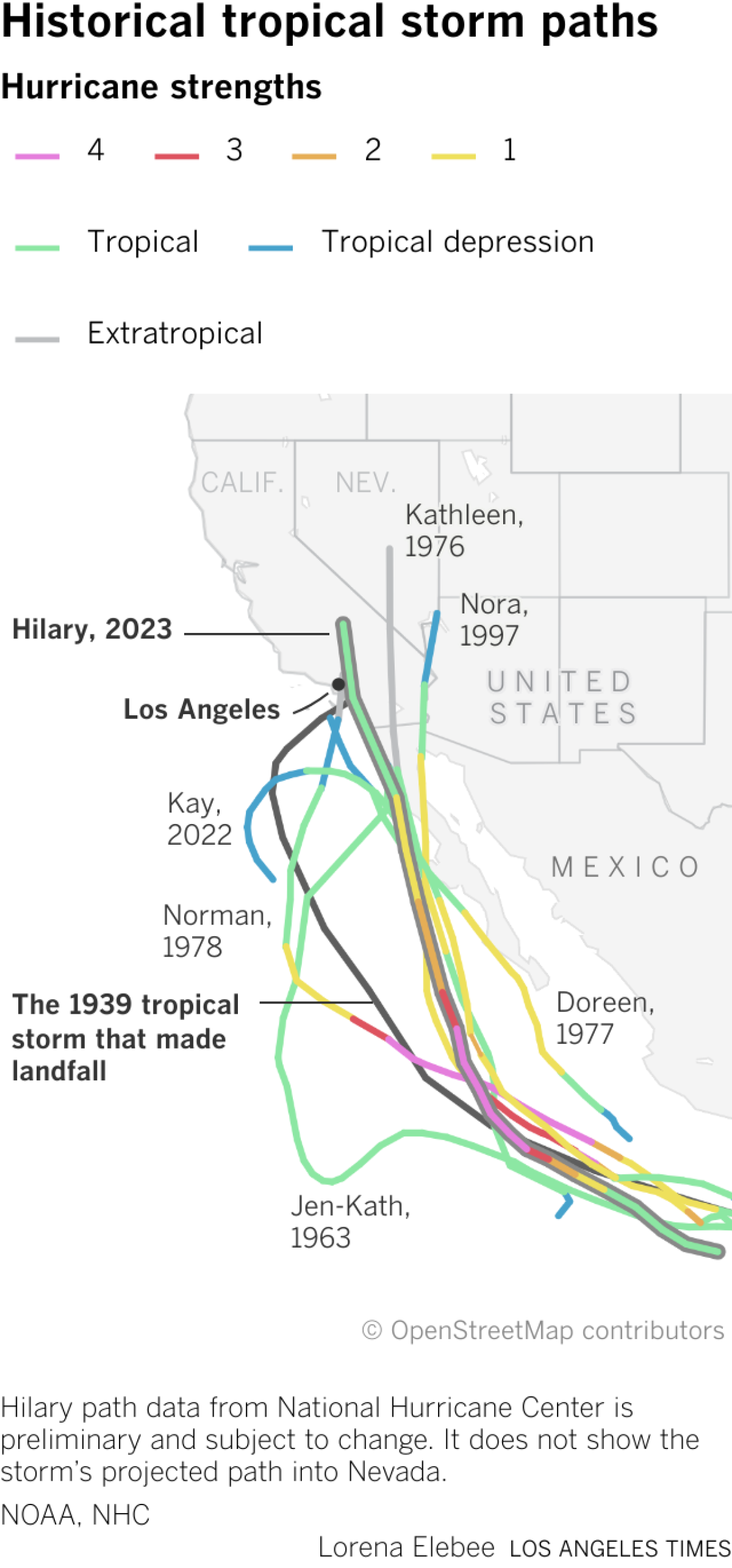 Map shows six hurricane storm paths near Southern California, including a storm path from 1939.