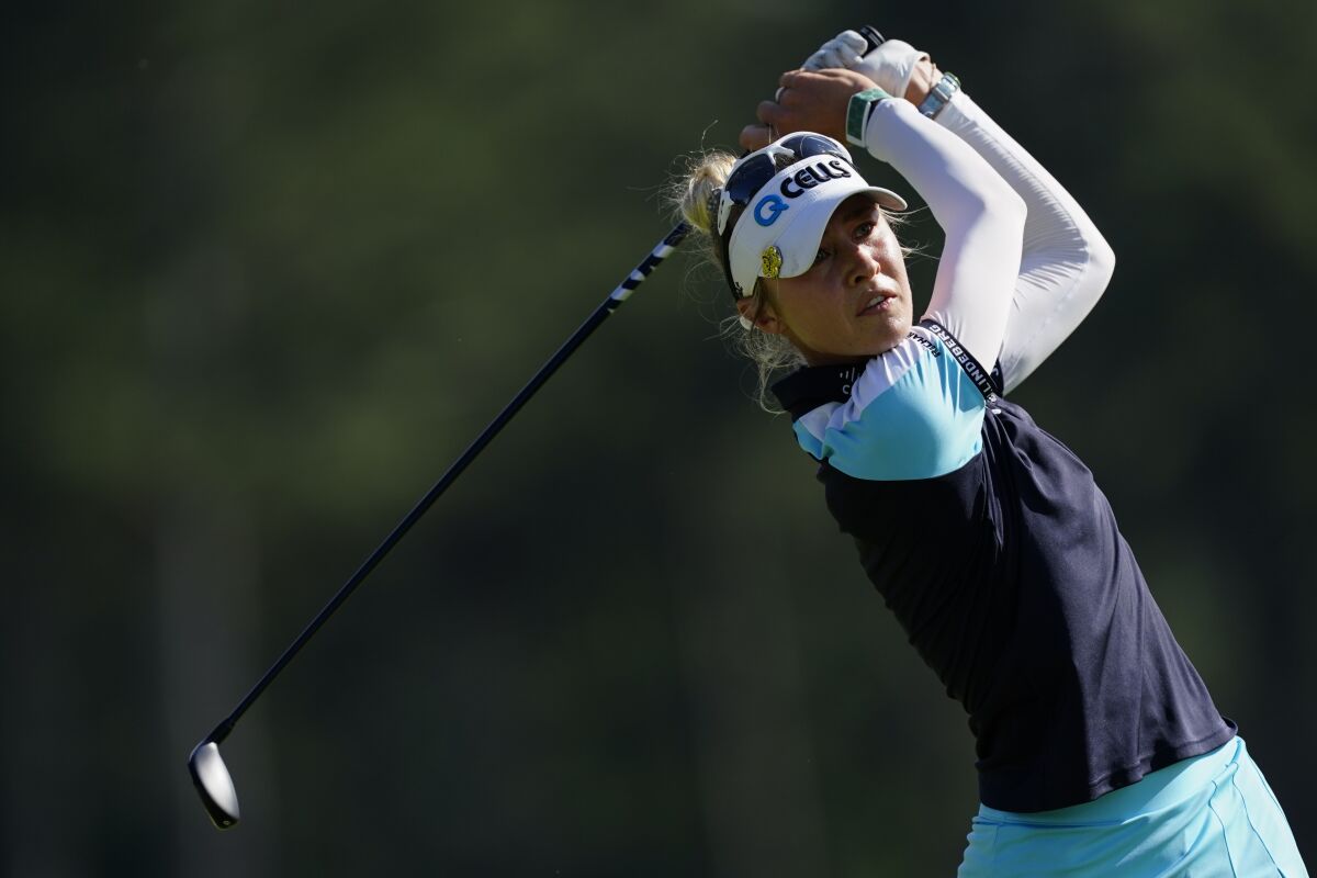 Nelly Korda hits from the 18th tee during the final round of the Women's PGA Championship on Sunday.