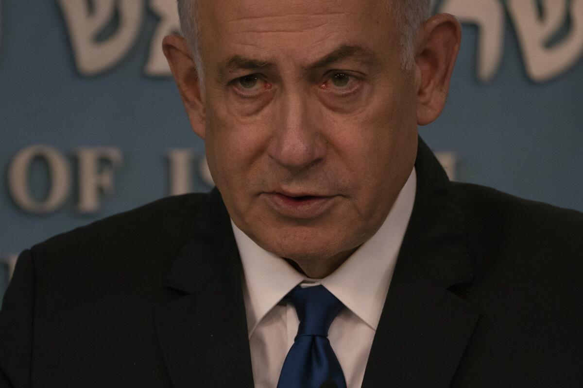 Israeli Prime Minister Benjamin Netanyahu delivers speech.