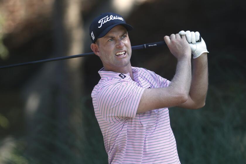 Webb Simpson tees off during the second round of the RBC Heritage golf tournament, Friday, June 19, 2020, in Hilton Head Island, S.C. (AP Photo/Gerry Broome)