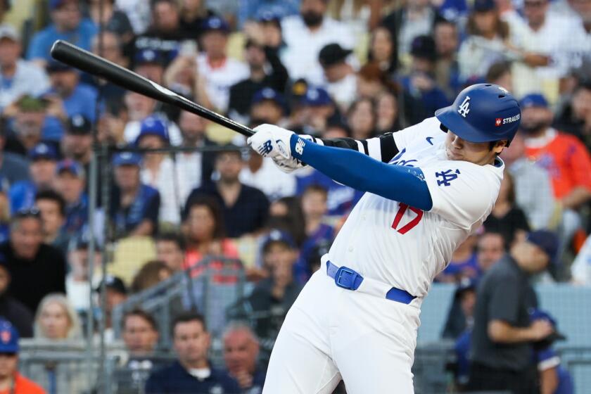 LOS ANGELES, CALIFORNIA - OCTOBER 13: Shohei Ohtani #17 of the Los Angeles Dodgers hits.