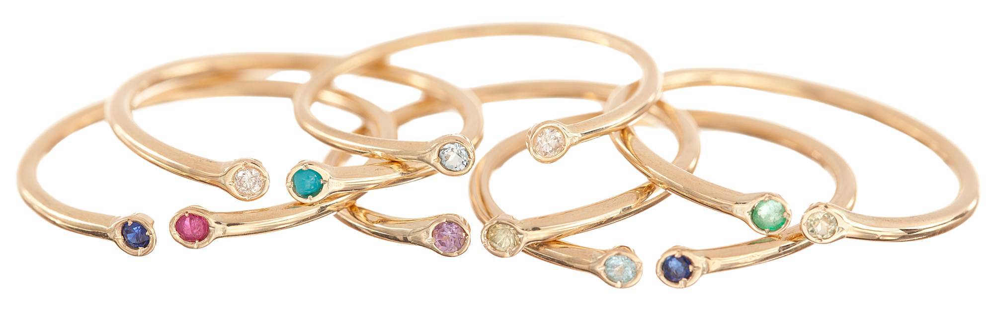 Assorted birthstone rings featuring two stones of differing colors from Ariel Gordon