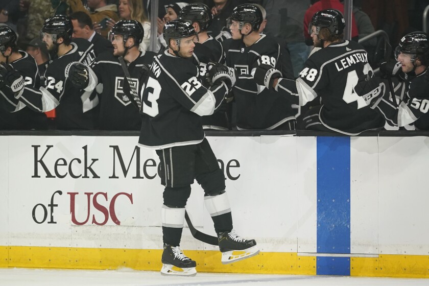 Kings forward Dustin Brown celebrates with teammates after scoring a goal against the Columbus Blue Jackets on April 16.