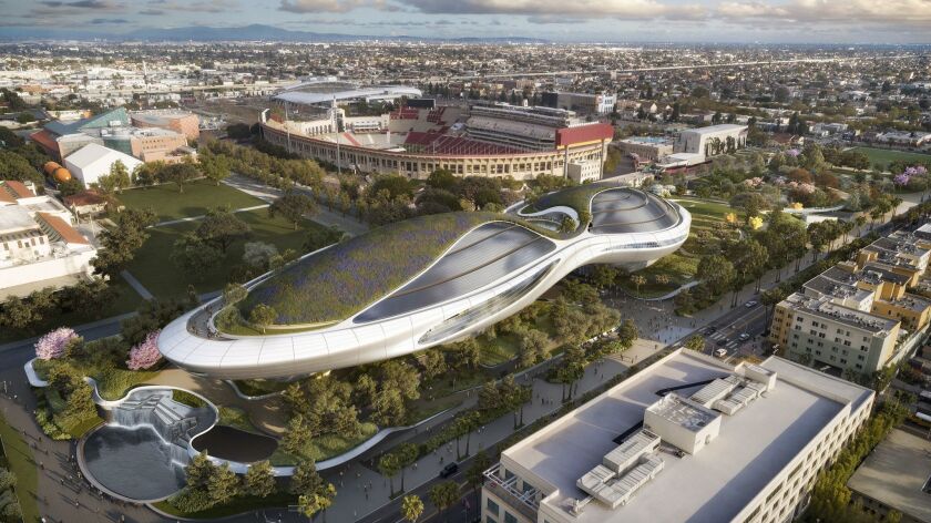 A rendering of the Lucas Museum of Narrative Art, rising in Exposition Park near the Coliseum.