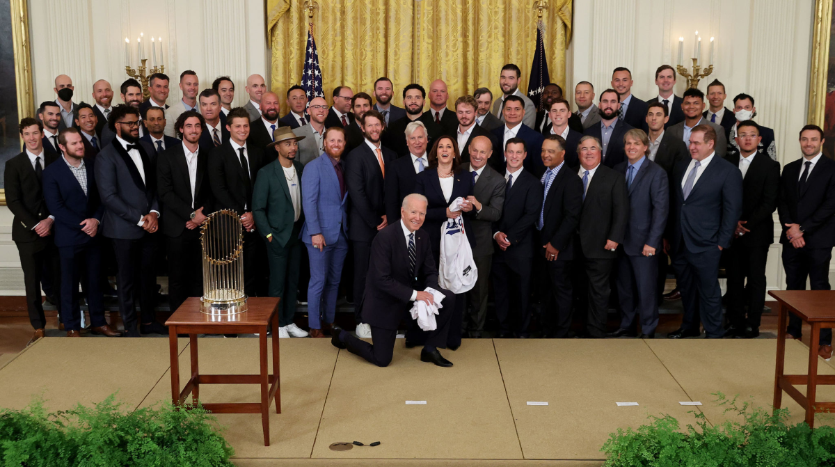President Biden and Vice President Kamala Harris pose for photos with the 2020 World Series champion Dodgers on July 2, 2021.