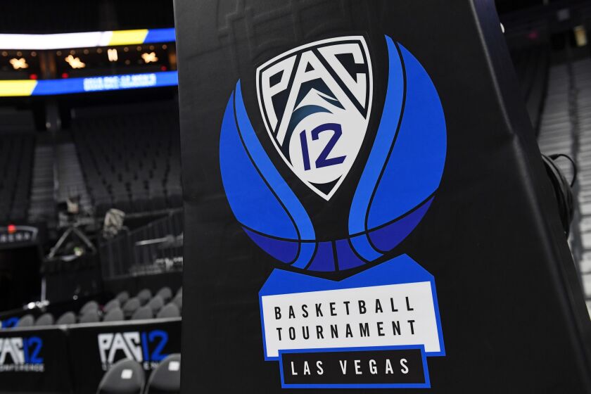 LAS VEGAS, NEVADA - MARCH 15: A Pac-12 basketball logo is shown on a stanchion before a semifinal game of the of the Pac-12 basketball tournament between the Colorado Buffaloes and the Washington Huskies at T-Mobile Arena on March 15, 2019 in Las Vegas, Nevada. (Photo by Ethan Miller/Getty Images)