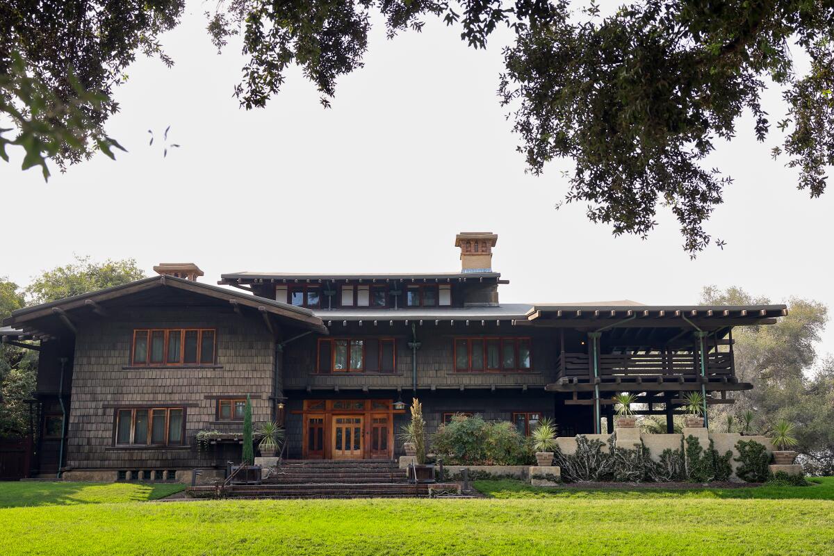 Gamble House is seen from the street on a driving tour of Pasadena Architecture.