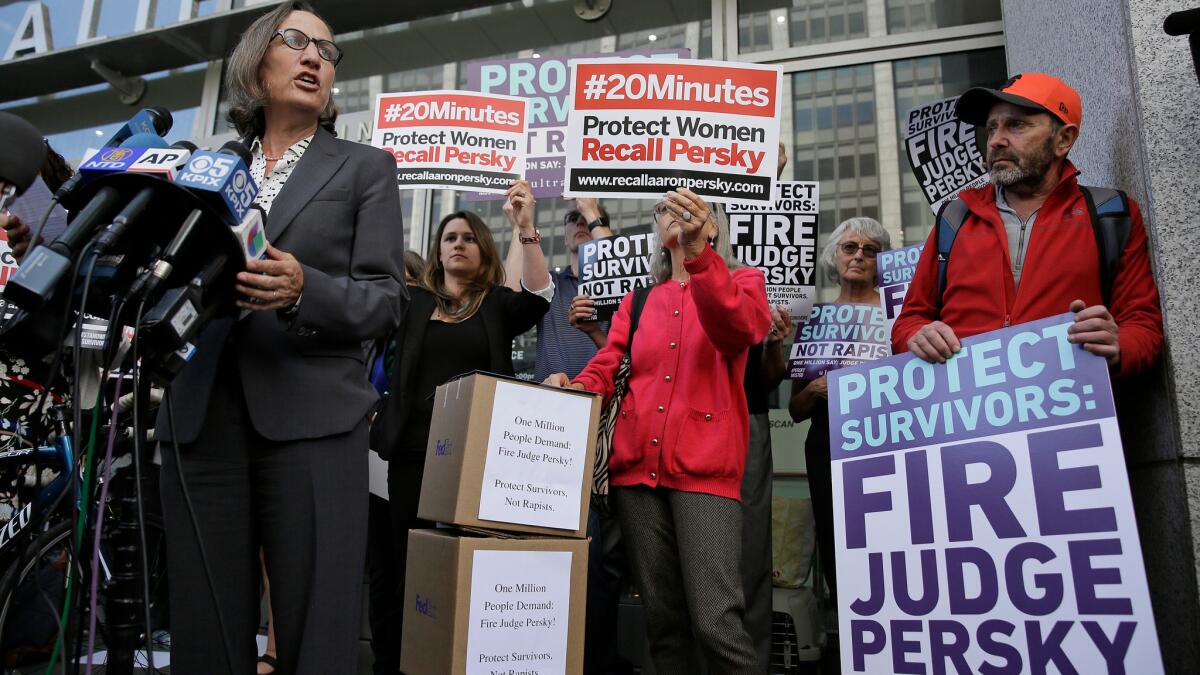 Stanford law professor Michele Dauber speaks at a rally in San Francisco on June 10 calling for the removal of Santa Clara County Superior Court Judge Aaron Persky.
