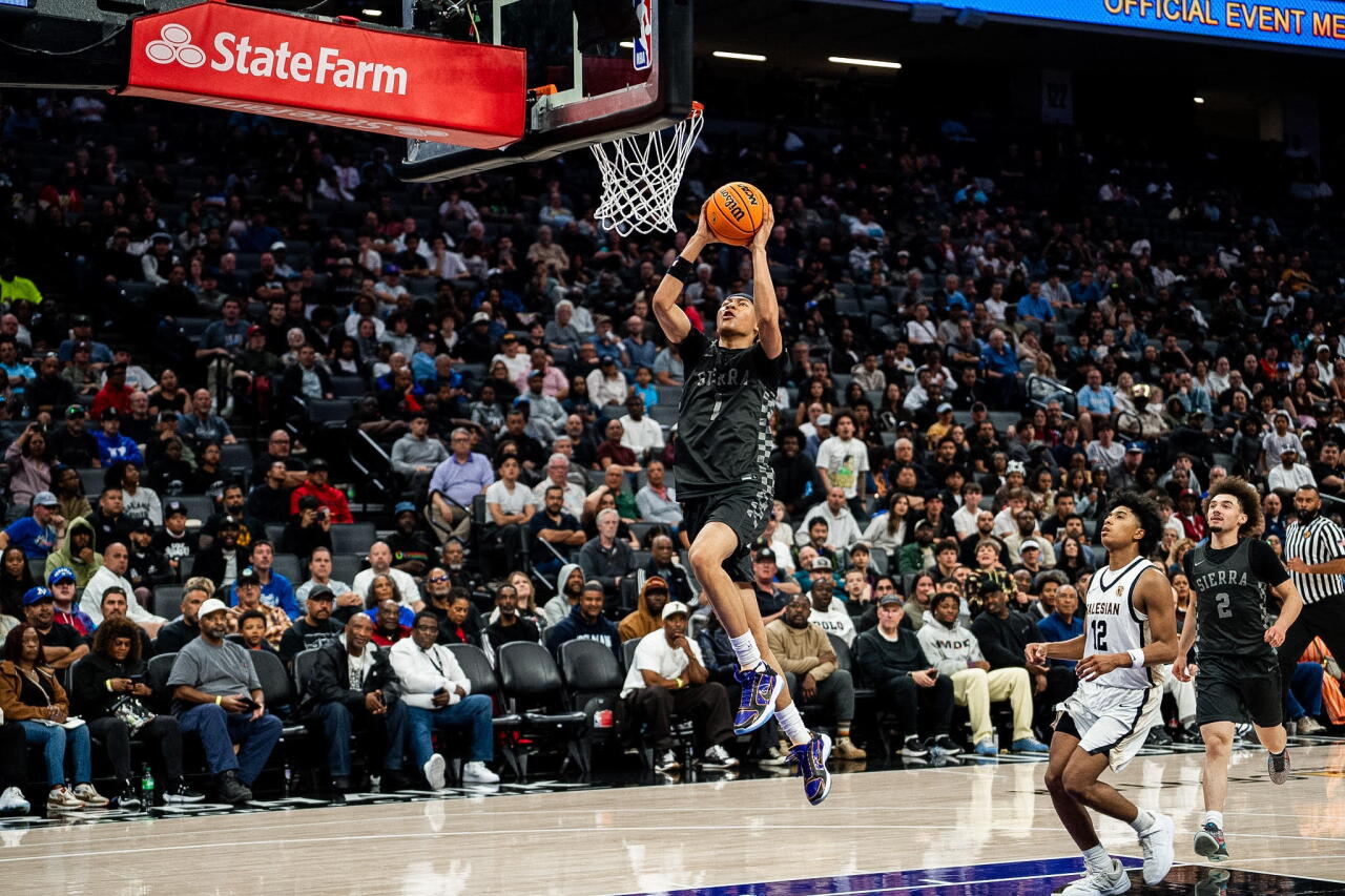 Jordan Mize of Sierra Canyon delivers a dunk in the Open Division state championship game at Golden 1 Center last season.