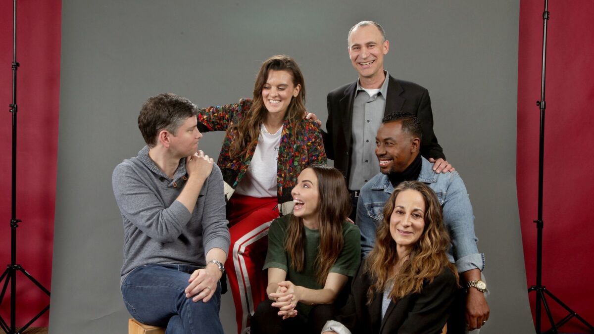 This year's showrunners roundtable includes Mike Schur, clockwise from left, Frankie Shaw, Joel Fields, Prentice Penny, Laeta Kaligridis and Whitney Cummings.