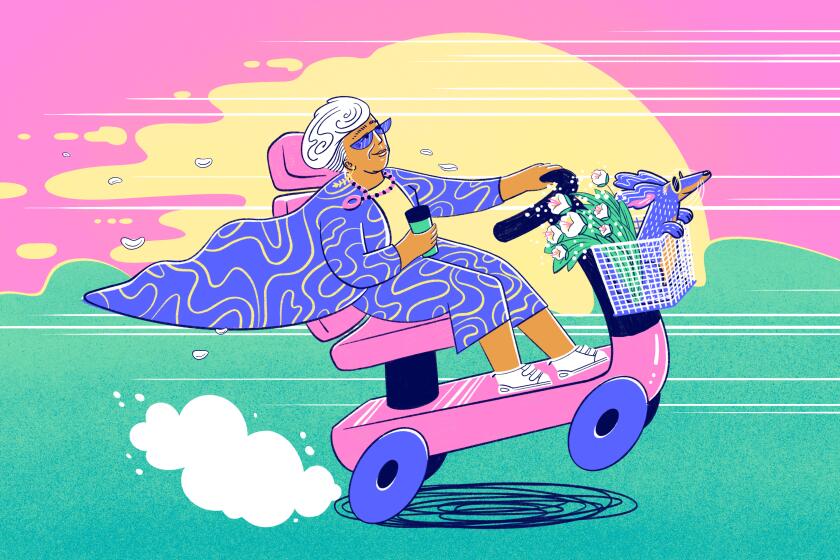 Illustration of an older woman popping a wheelie on a scooter with a dog and flowers in the basket.