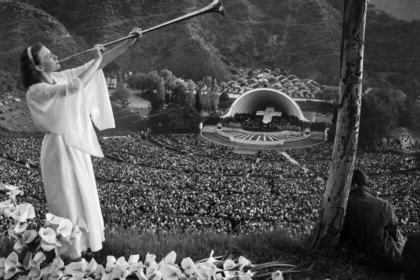 Apr. 6, 1947: A trumpeter heralds the dawn for 25,000 worshipers at Hollywood Bowl sunrise service, one of several Easter programs covered in the next day's Los Angeles Times.