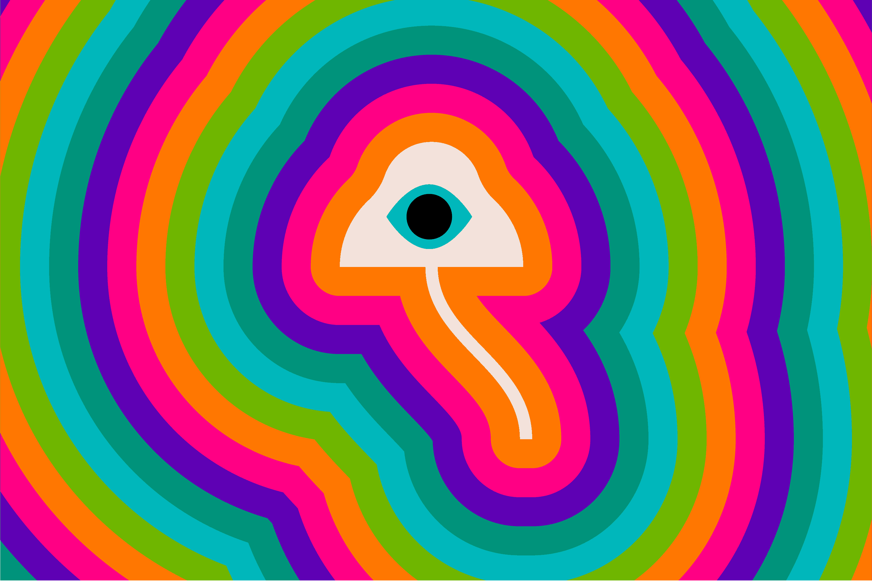Bands of color pulse from a mushroom with a single blinking eye.