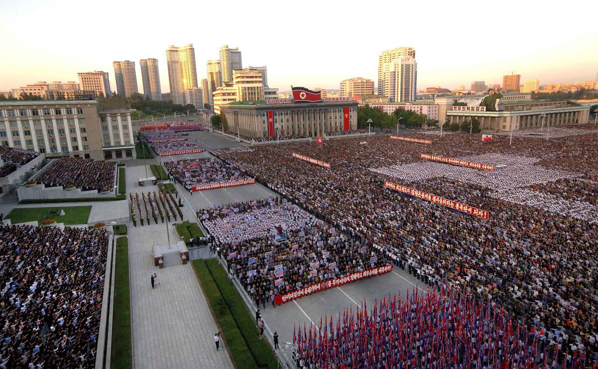 This Sept. 23, 2017, photo released by North Korea's official Korean Central News Agency shows an anti-U.S.  rally in Kim Il Sung Square in Pyongyang. 