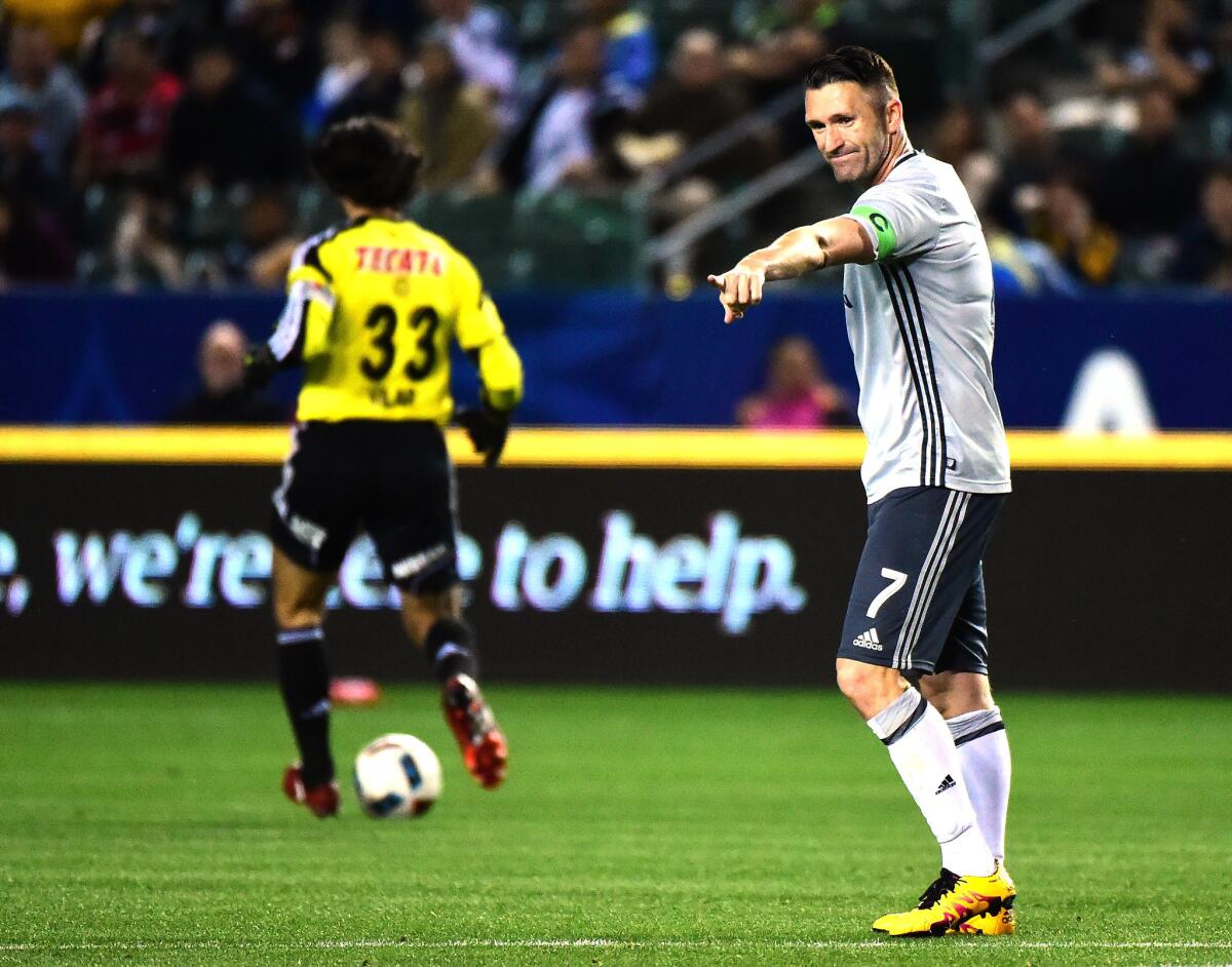 Galaxy forward Robbie Keane reacts during a game against Club Tijuana at StubHub Center on Feb. 9.