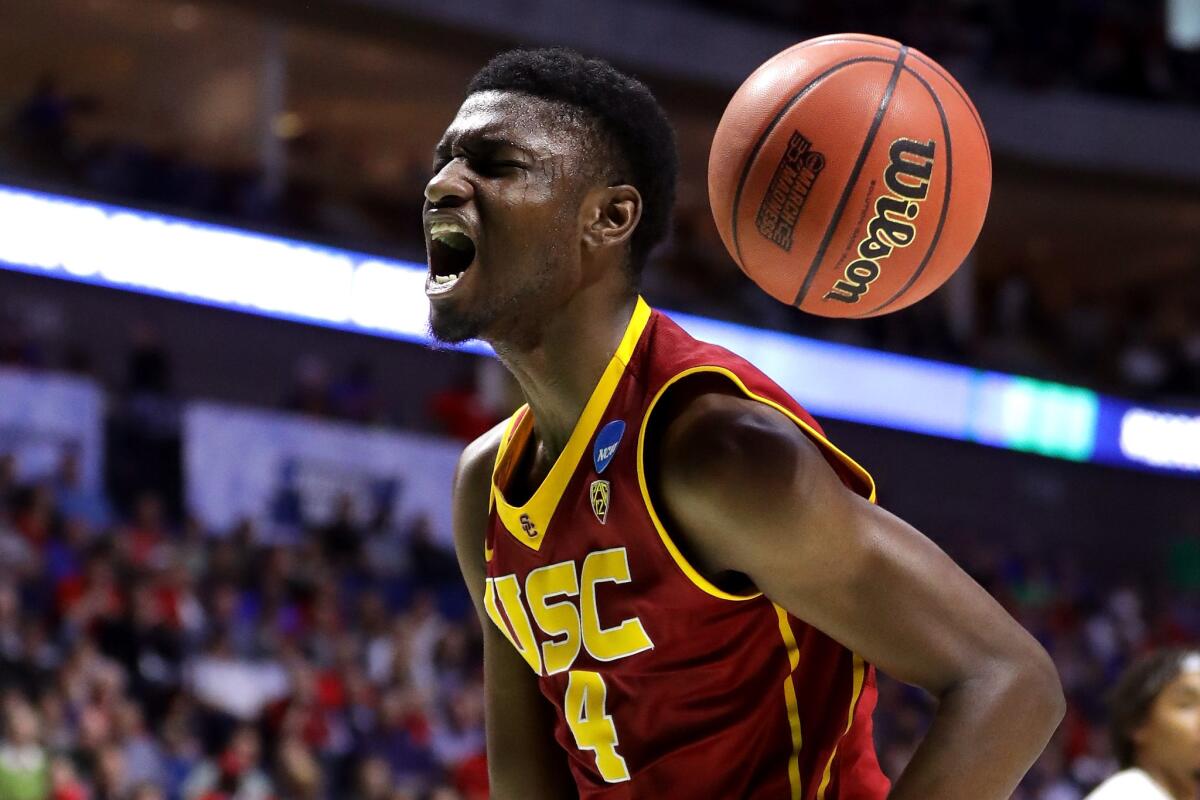 USC forward Chimezie Metu reacts after scoring against the SMU Mustangs during the second half during the NCAA tournament on March 17.