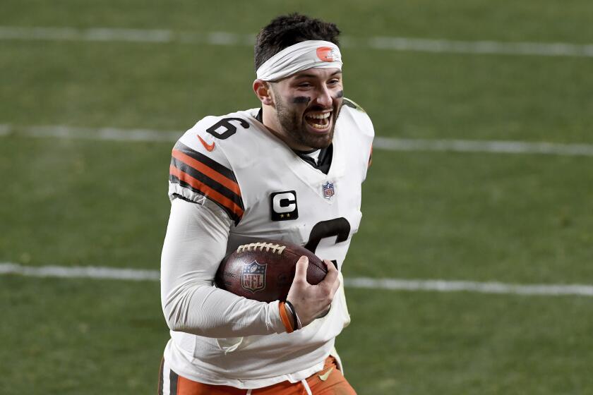 Cleveland Browns quarterback Baker Mayfield (6) reacts as he runs off the field after defeating the Pittsburgh Steelers.