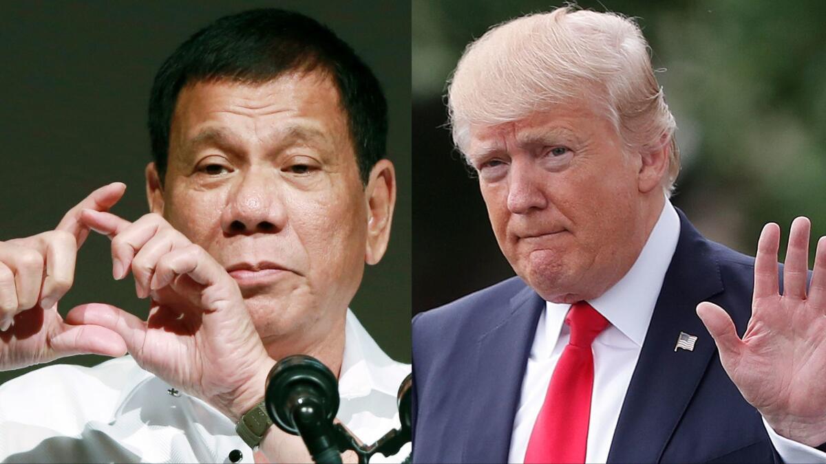 Philippine President Rodrigo Duterte is pictured, left, on Oct. 26, 2016, in Tokyo; U.S. President Donald Trump is pictured, right, April 29, 2017, in Washington.