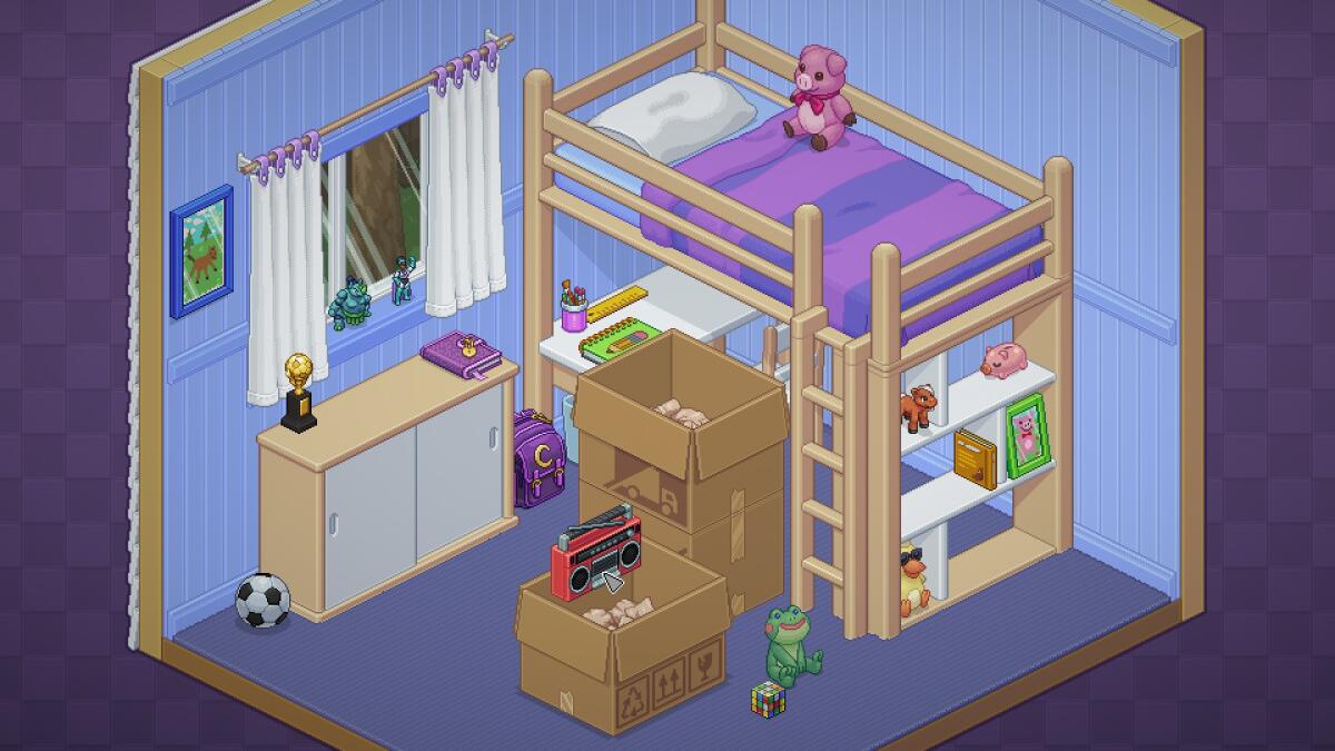 An illustration of a child's bedroom with bunk beds and two large, half-packed cardboard boxes.