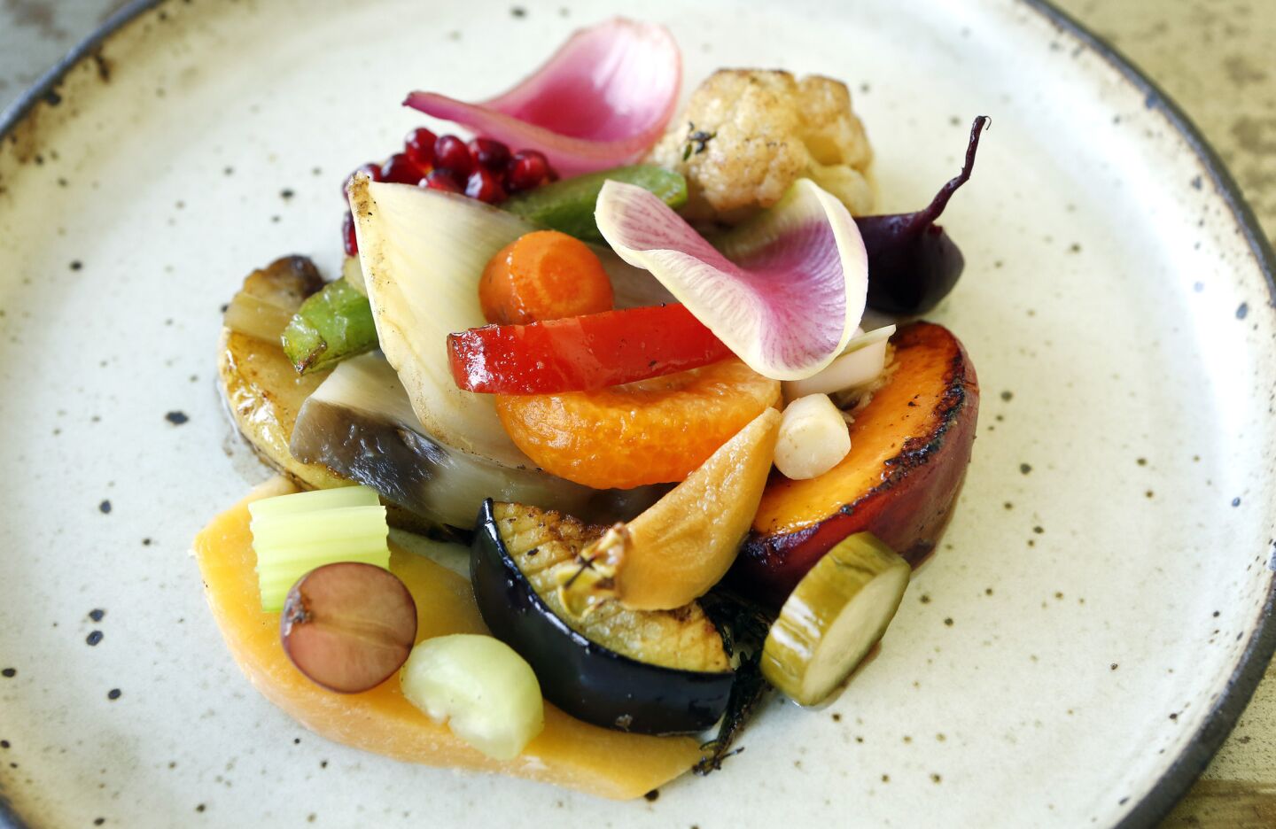 A vegetable-and-fruit plate is on the menu at Le Comptoir, located at the Hotel Normandie on 6th Street in Los Angeles.