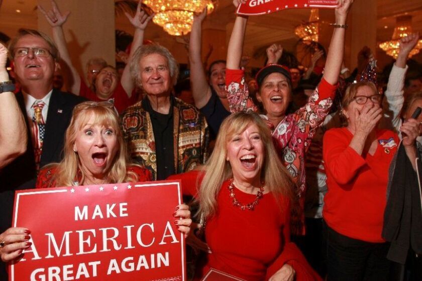 SAN DIEGO, November 8, 2016 | Trump supporters erupt in cheer after it was announced the Donald Trump is the projected winner of the 2016 presidential election at the Republican election night headquarters at the U.S. Grant Hotel in downtown San Diego on Tuesday.