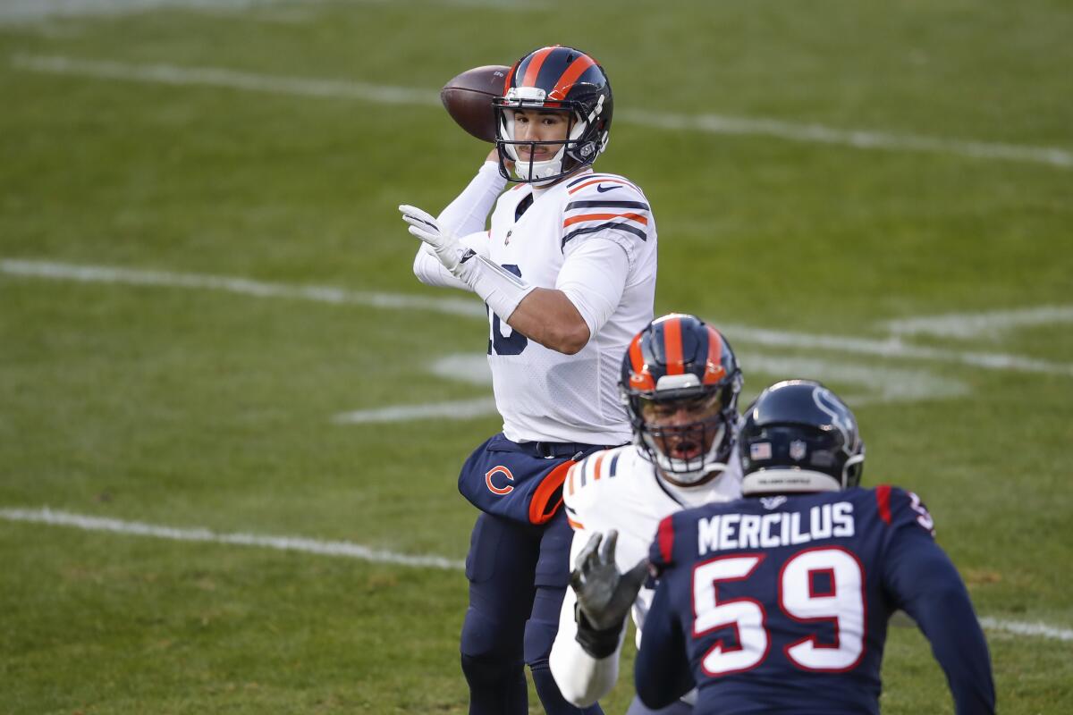 Chicago Bears quarterback Mitchell Trubisky looks to pass against the Houston Texans on Sunday.