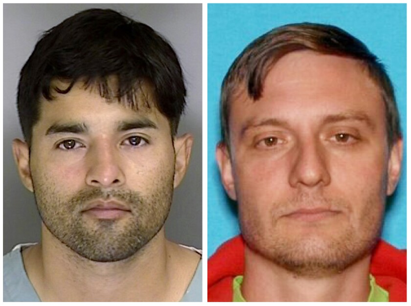 FILE - This combo of file images shows Steven Carrillo, left, provided by the Santa Cruz County Sheriff's Office, and Robert Alvin Justus Jr., in undated Department of Motor Vehicles photo provided by the FBI. Carillo has been charged in the fatal shooting of Federal Protective Services security officer David Patrick Underwood and the wounding of his partner, while Justus Jr., has been charged with aiding and abetting the murder and attempted murder, in the shooting in Oakland, Calif., on May 29, 2020. Underwood’s sister is suing Facebook, accusing the tech giant of connecting the two anti-government extremists who plotted the killing on its platform and promoting . (Santa Cruz County Sheriff's Office, left, and FBI via AP)